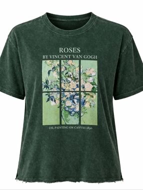 Van Gogh Roses Graphic Tee Large Green Art Shirt Boxy Raw Hem NWOT